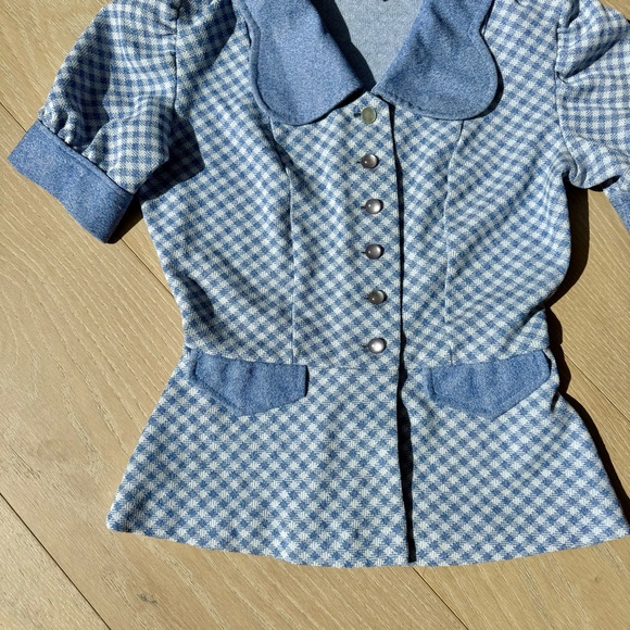 Vintage 1970s Zazie London Blue Peplum Checkered Gingham Blouse - Picture 4 of 5